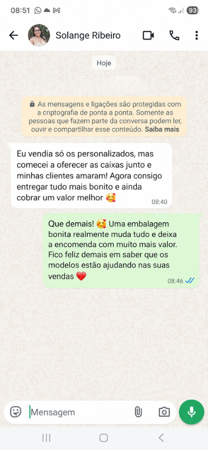 Print de conversa: aluna Solange Ribeiro conta que passou a cobrar mais com as embalagens