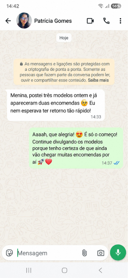 Print de conversa: aluna Patrícia Gomes conta que recebeu duas encomendas após postar três modelos