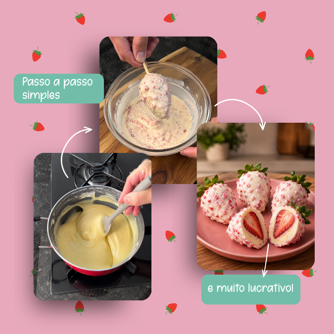 Passo a passo visual do Morango Cravejado Premium: brigadeiro branco, cobertura e finalização