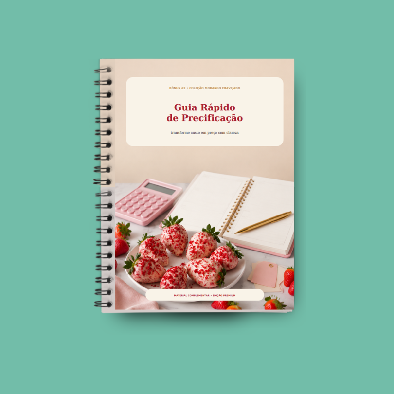 Capa do bônus Guia Rápido de Precificação com calculadora rosa e morangos cravejados